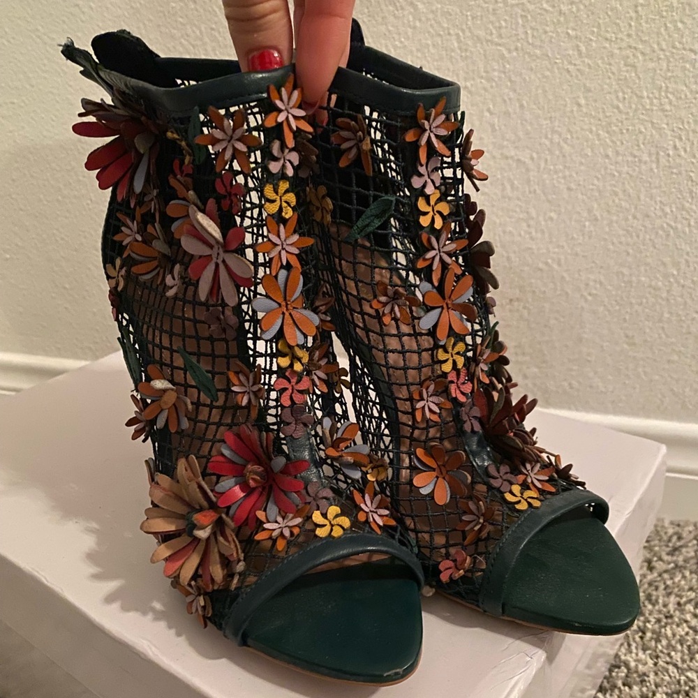 Rare Zara leather green stiletto booties with multi color floral embellishments.